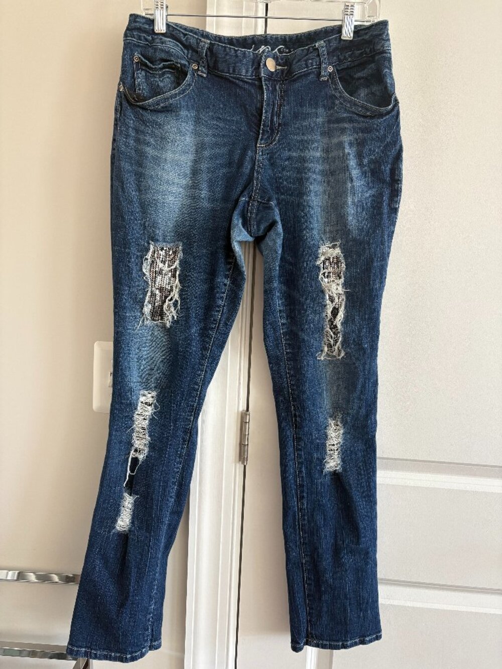 INC International Concepts Jeans Distressed Sequin Curvy Skinny Leg - SZ 12